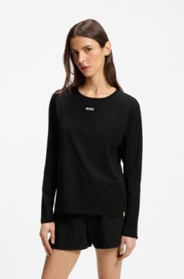 Stretch-cotton pyjama T-shirt with logo print, Black