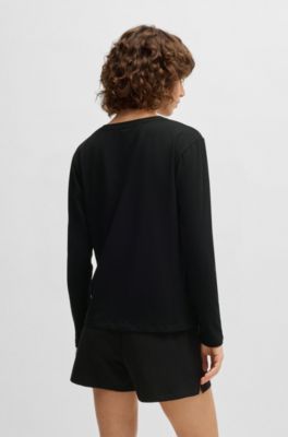Stretch-cotton pyjama T-shirt with logo print, Black