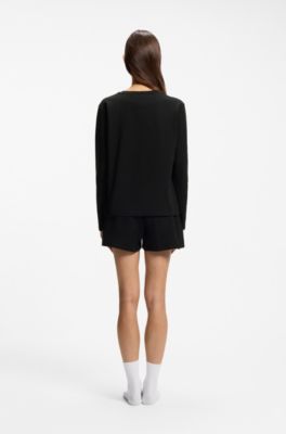 Stretch-cotton pyjama top with logo print, Black