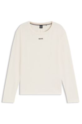 Stretch-cotton pyjama T-shirt with logo print, Natural