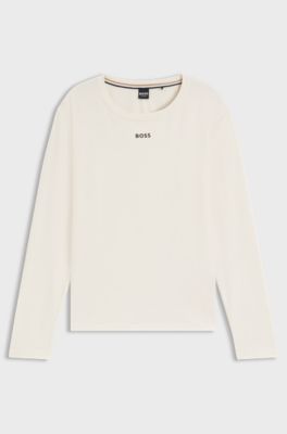 Stretch-cotton pyjama top with logo print, Natural