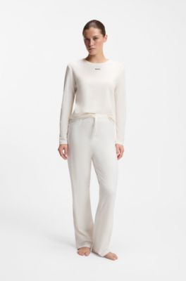 Stretch-cotton pyjama top with printed logo, Natural