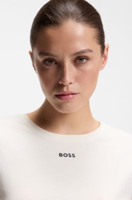 Stretch-cotton pyjama top with printed logo, Natural