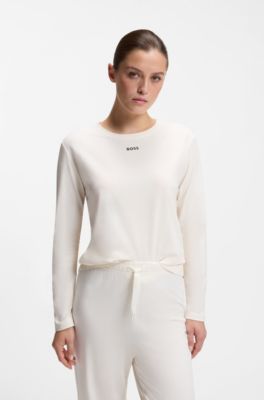 Stretch-cotton pyjama top with printed logo, Natural