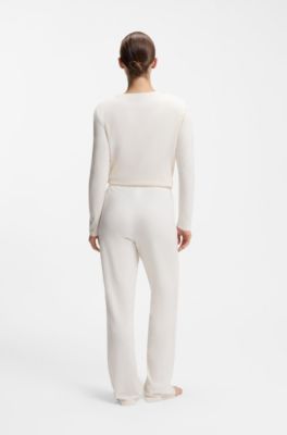 Stretch-cotton pyjama top with printed logo, Natural