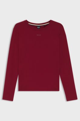 Stretch-cotton pyjama top with logo print, Dark Red