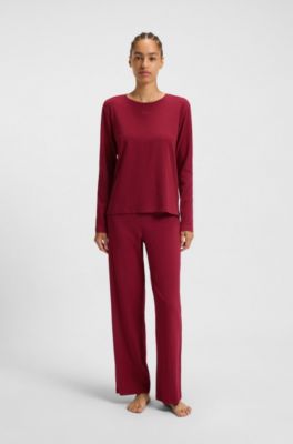 Stretch-cotton pyjama top with logo print, Dark Red