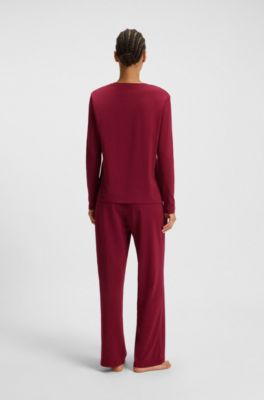 Stretch-cotton pyjama top with logo print, Dark Red