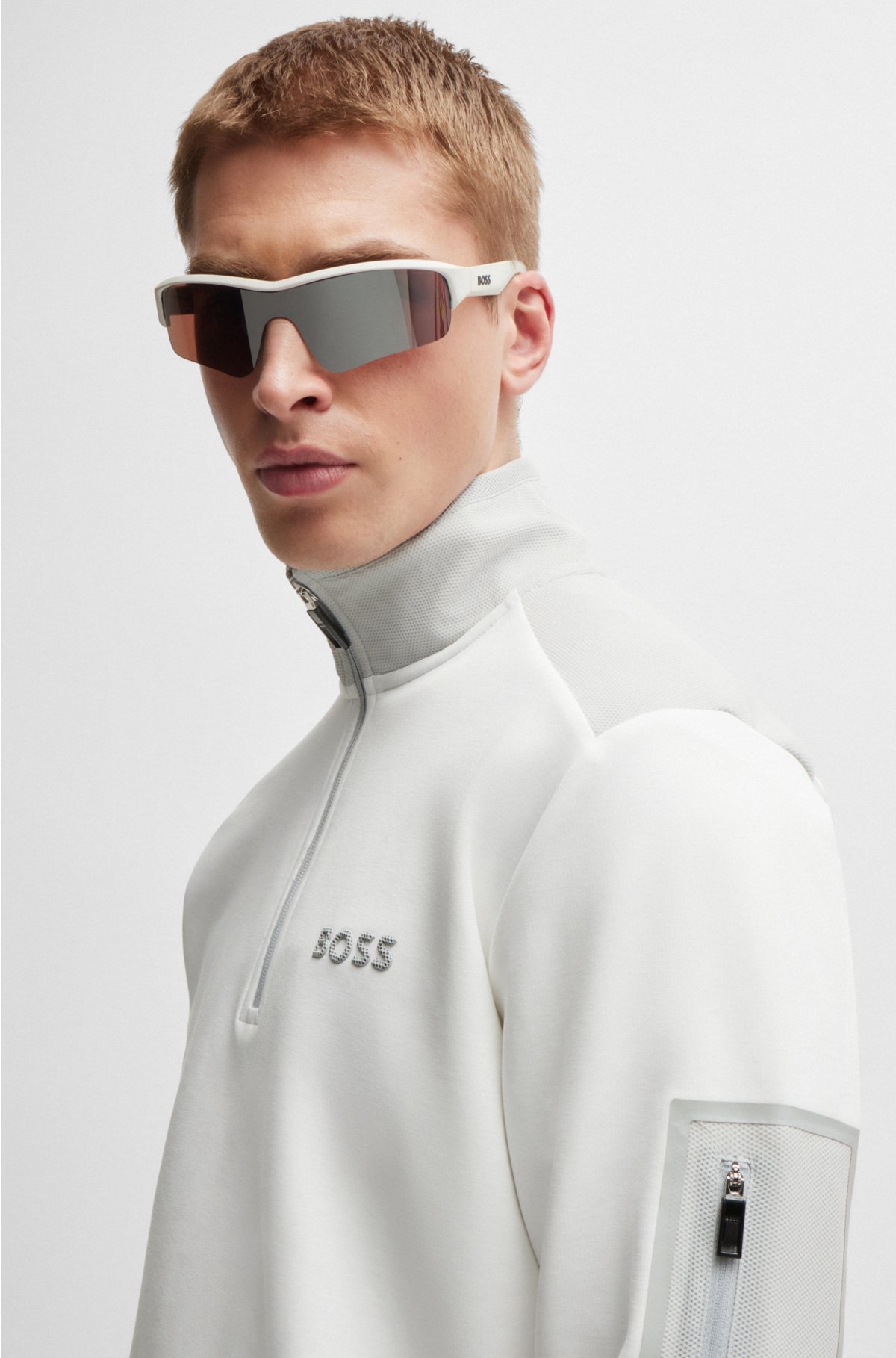 Cotton-blend zip-neck sweatshirt with 3D-moulded logo, White