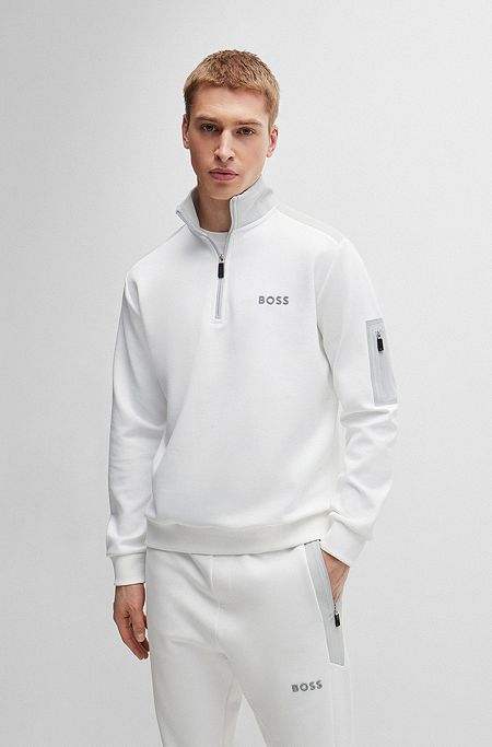 Cotton-blend zip-neck sweatshirt with 3D-moulded logo, White