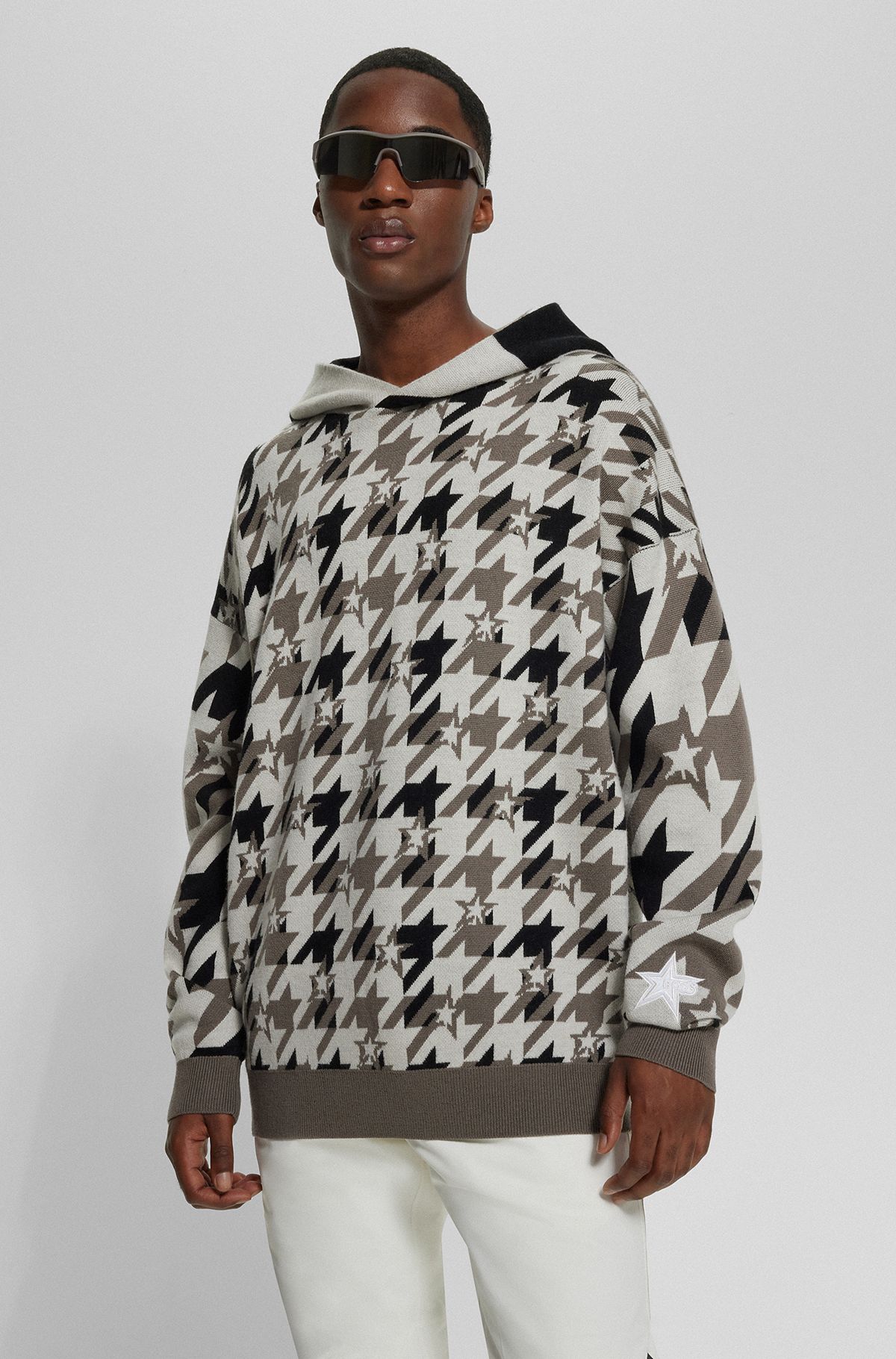 BOSS x Perfect Moment knitted-wool hoodie with houndstooth pattern, Light Beige