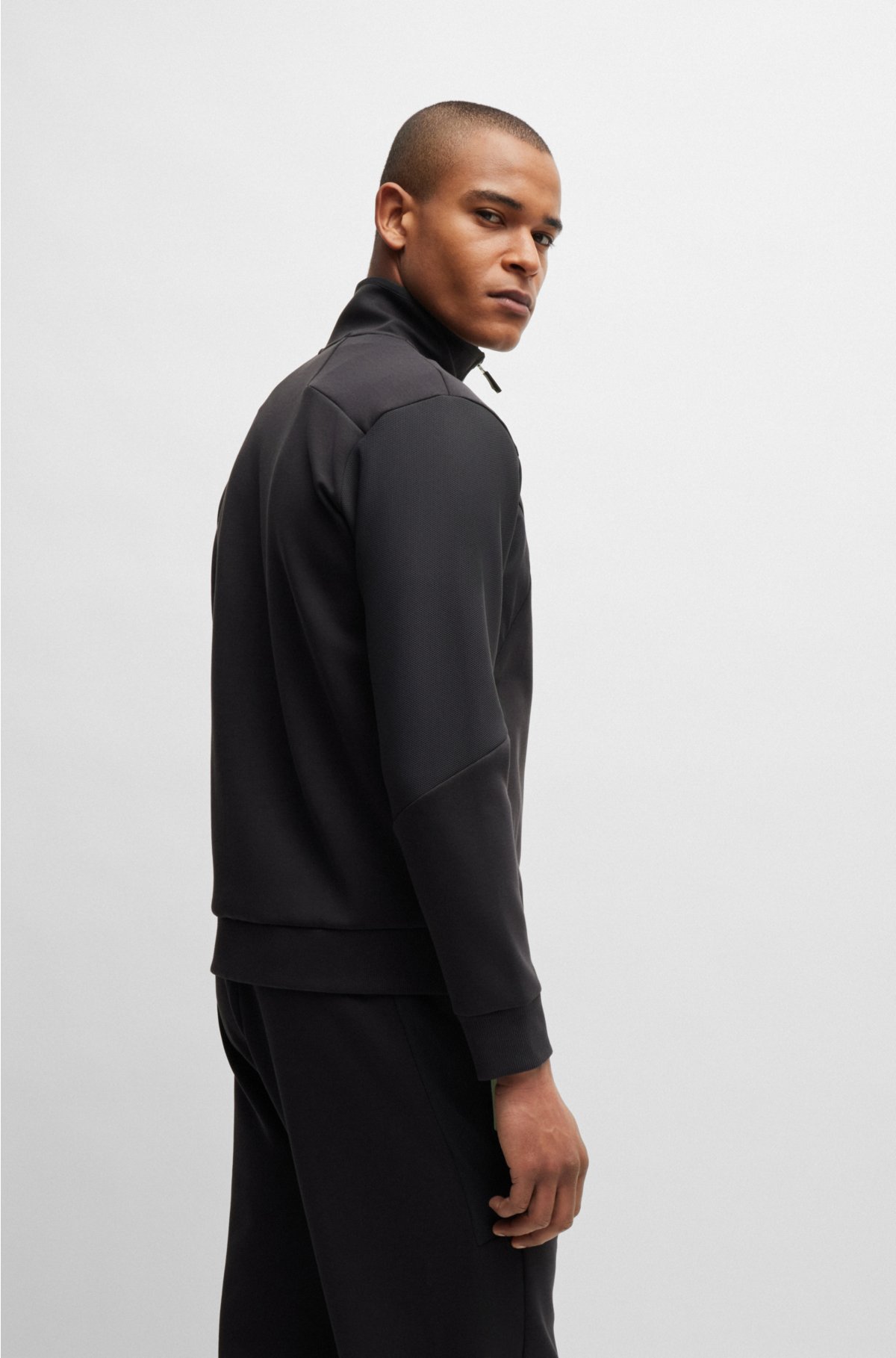 Cotton-blend zip-up sweatshirt with 3D-moulded logo, Black