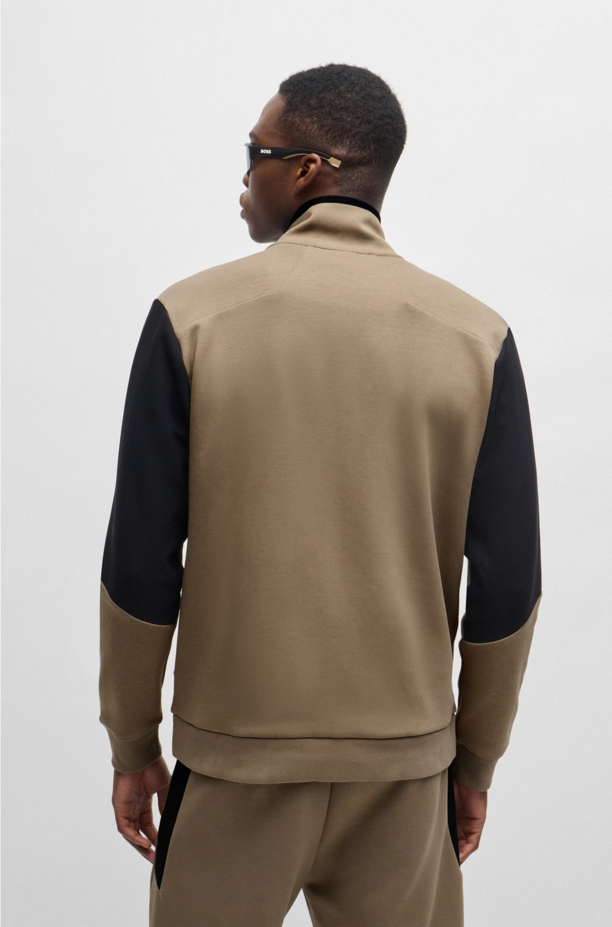 Cotton-blend zip-up sweatshirt with 3D-moulded logo, Light Brown