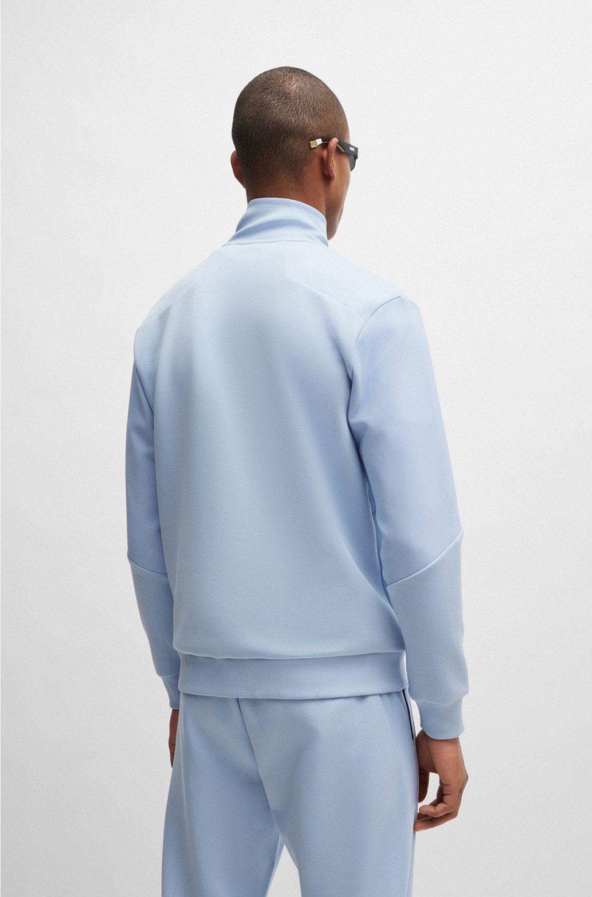Cotton-blend zip-up sweatshirt with 3D-moulded logo, Light Blue