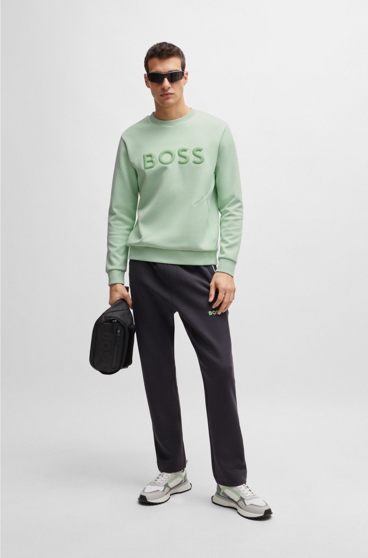 Cotton-blend sweatshirt with 3D-moulded logo, Light Green