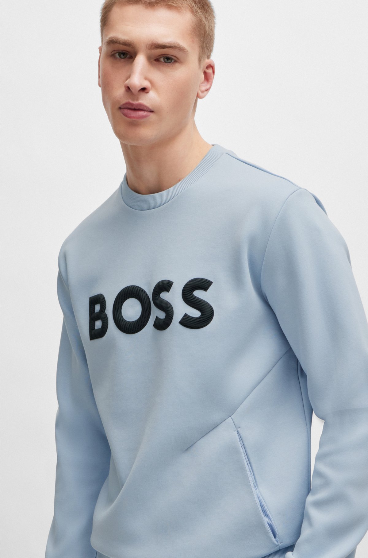 Cotton-blend sweatshirt with 3D-moulded logo, Light Blue