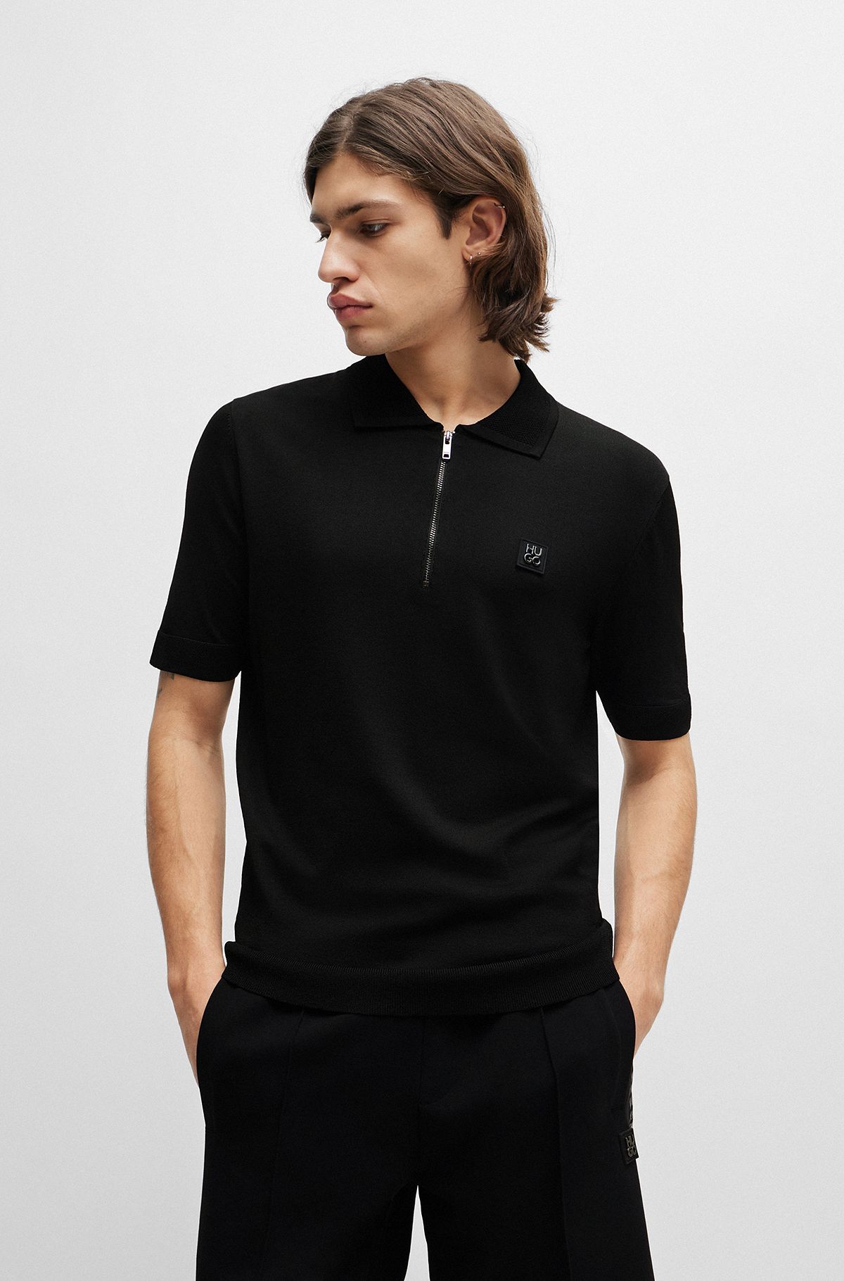 Zip-neck polo shirt with stacked logo, Black