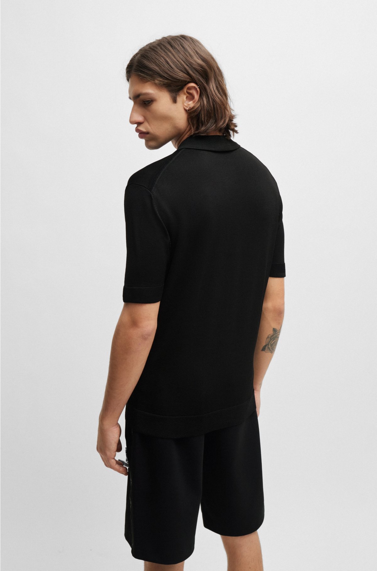 Zip-neck polo shirt with stacked logo, Black