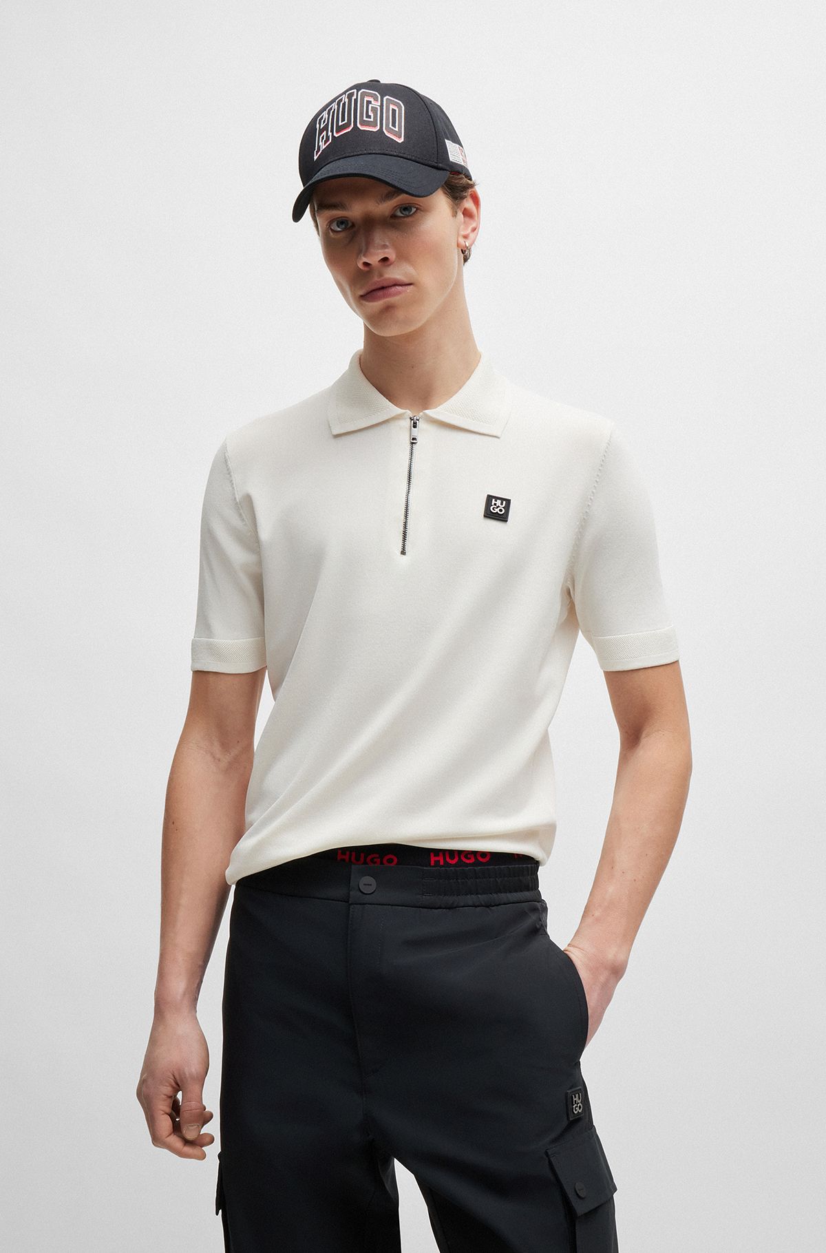 Zip-neck polo shirt with stacked logo, Natural