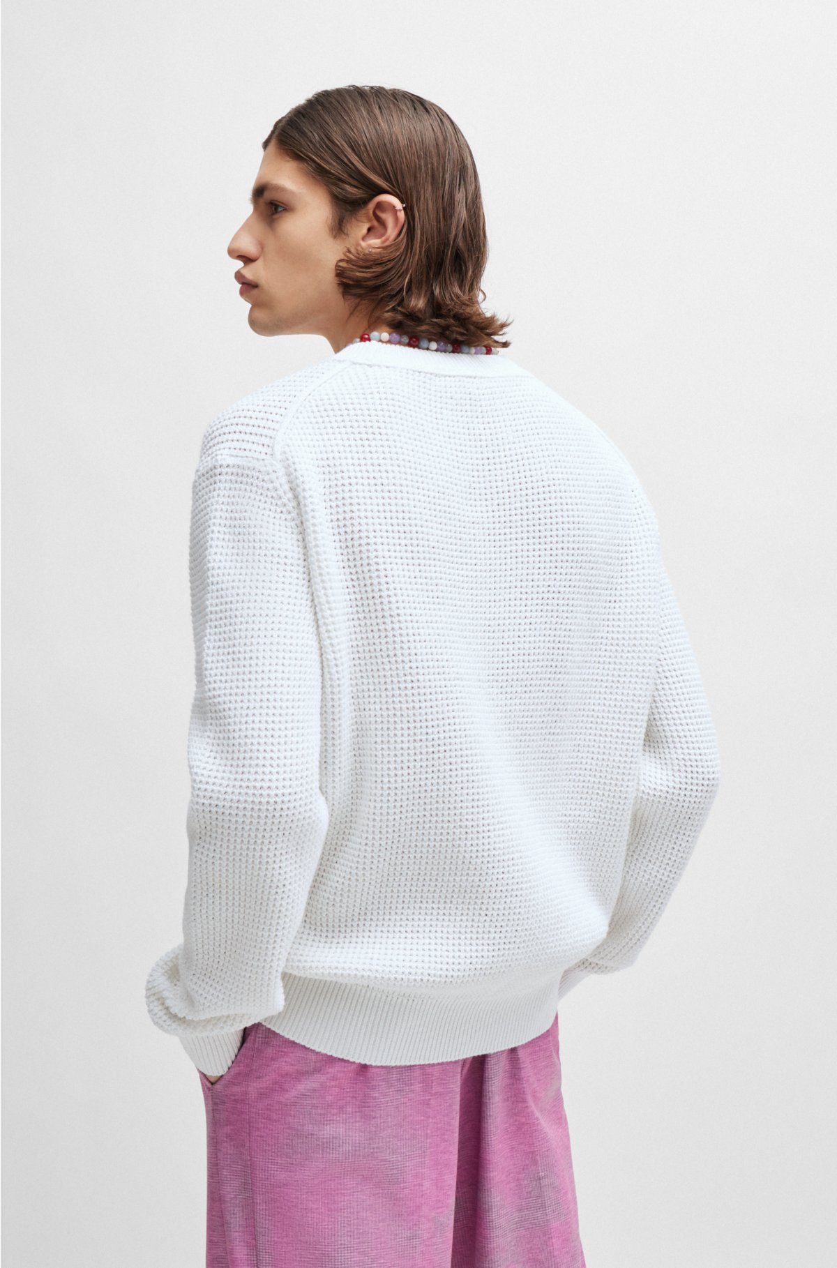 Relaxed-fit sweater with knitted structure and crew neckline, White