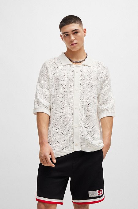 Relaxed-fit short-sleeved cardigan in crochet cotton, White