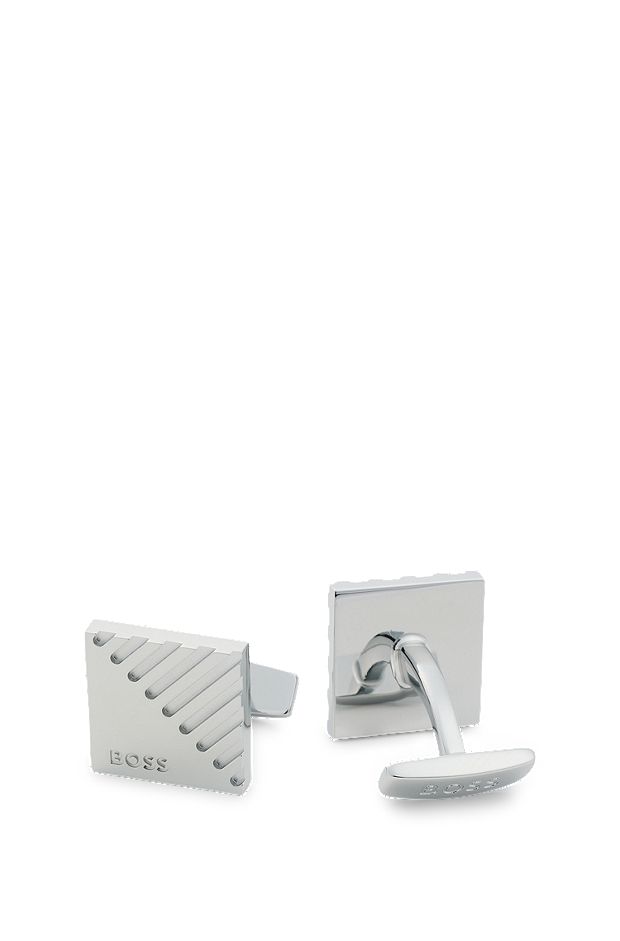 Square brass cufflinks with engraved branding and stepped details, Silver