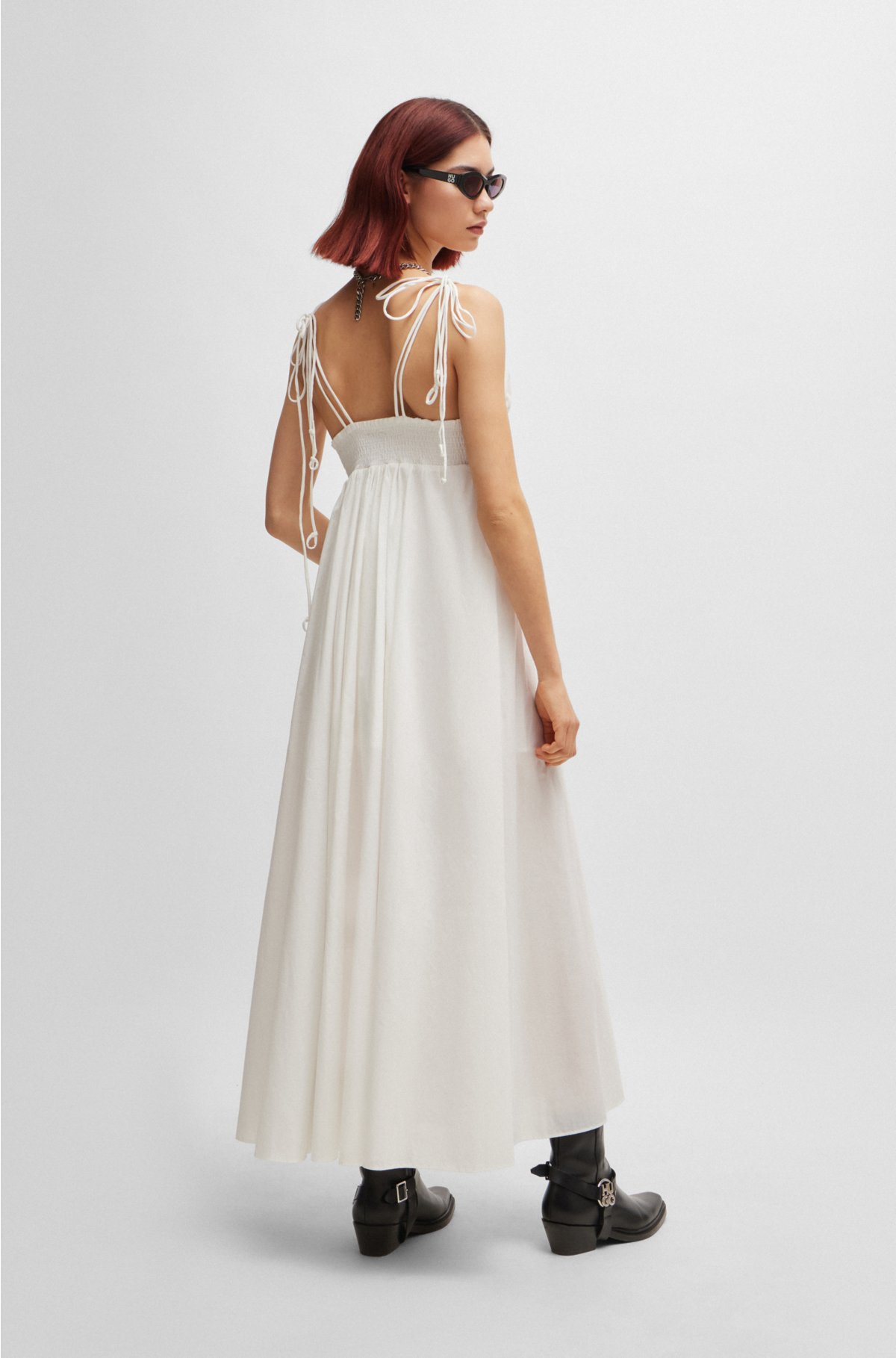 Cotton-voile maxi dress with smocking and double straps, White