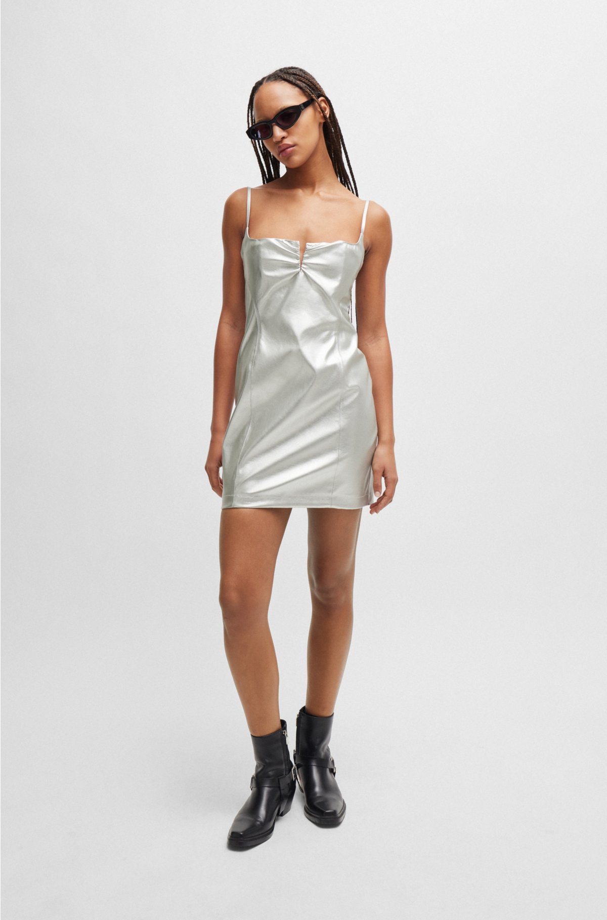 Metallic faux-leather mini dress with notch neckline, Silver