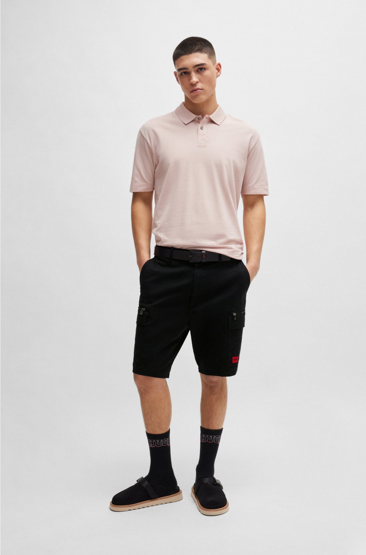 Stretch-cotton shorts with red logo label, Black