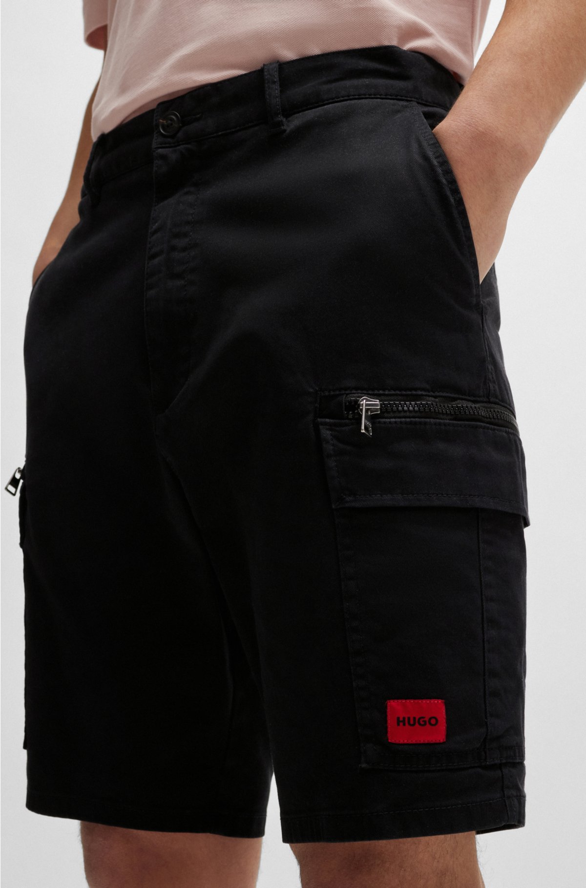 Stretch-cotton shorts with red logo label, Black
