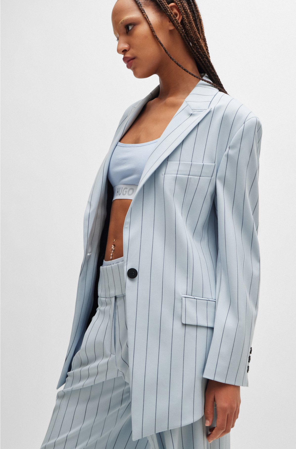 Oversized-fit jacket in pinstriped stretch fabric, Light Blue