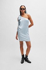 Short dress with asymmetric neckline and scarf detail, Light Blue