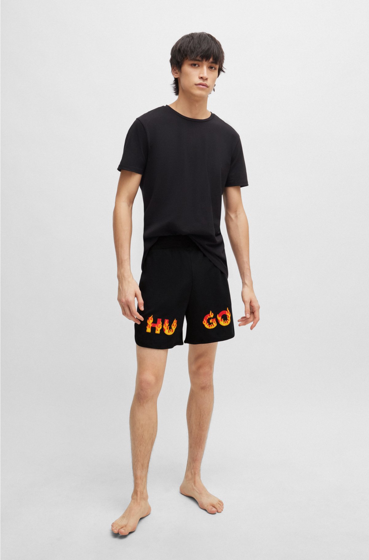 Flame-logo-print pyjama shorts in interlock cotton, Black