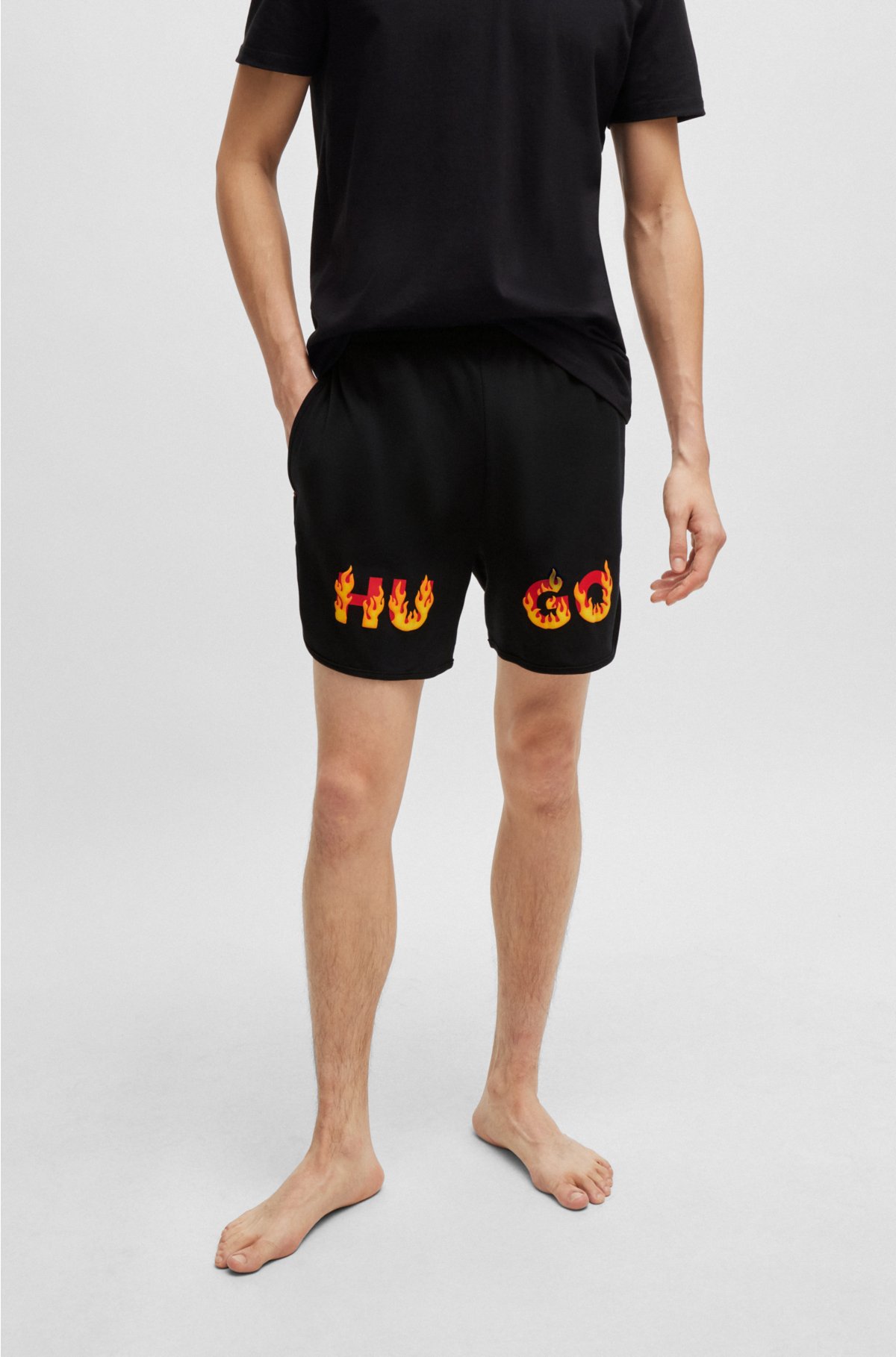 Flame-logo-print pyjama shorts in interlock cotton, Black