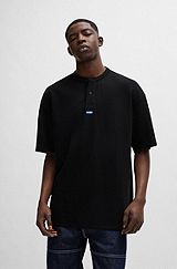 Cotton-blend loose-fit T-shirt with Henley neckline, Black