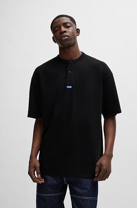 Cotton-blend loose-fit T-shirt with Henley neckline, Black