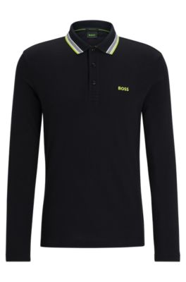 BOSS Long sleeved cotton piqu polo shirt with contrast logo