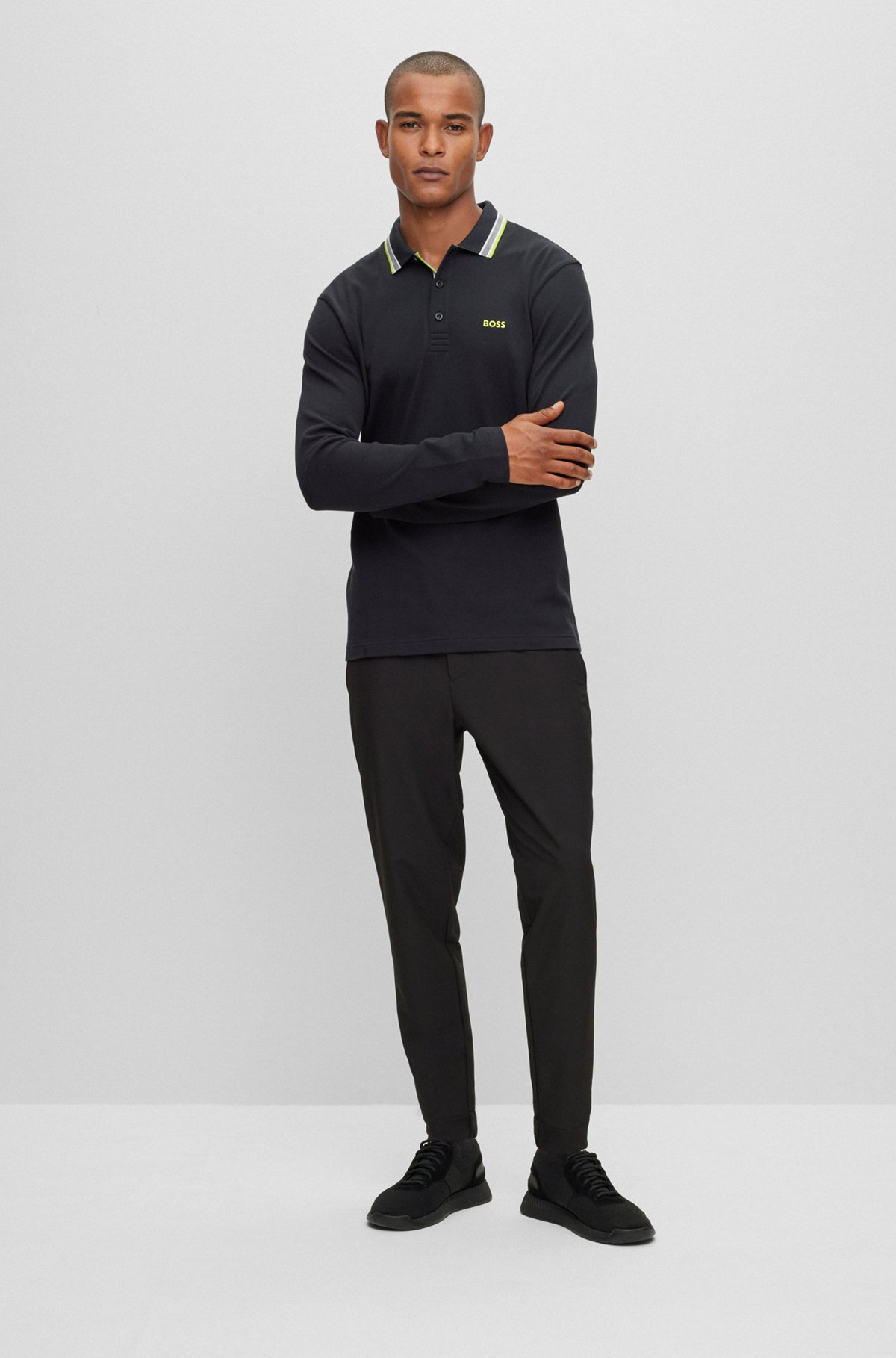 Long-sleeved cotton-piqué polo shirt with contrast logo, Black