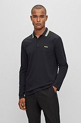 Long-sleeved cotton-piqué polo shirt with contrast logo, Black