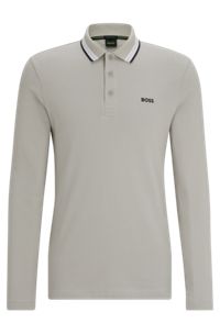 Long-sleeved cotton-piqué polo shirt with contrast logo, Light Grey