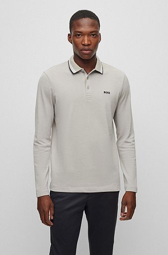 Long-sleeved cotton-piqué polo shirt with contrast logo, Light Grey