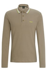 Long-sleeved cotton-piqué polo shirt with contrast logo, Khaki
