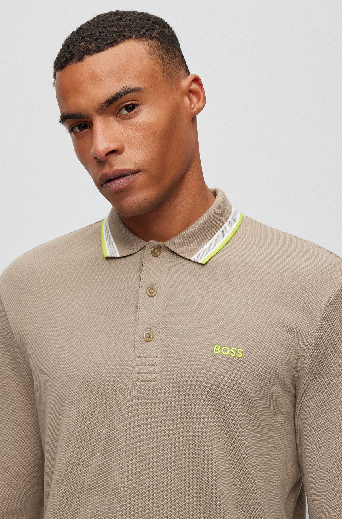 Beige Long-sleeved Polo Shirts for Men by HUGO BOSS | Designer Menswear | 