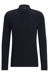 Long-sleeved cotton-piqué polo shirt with contrast logo, Dark Blue