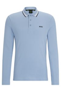 Long-sleeved cotton-piqué polo shirt with contrast logo, Light Blue