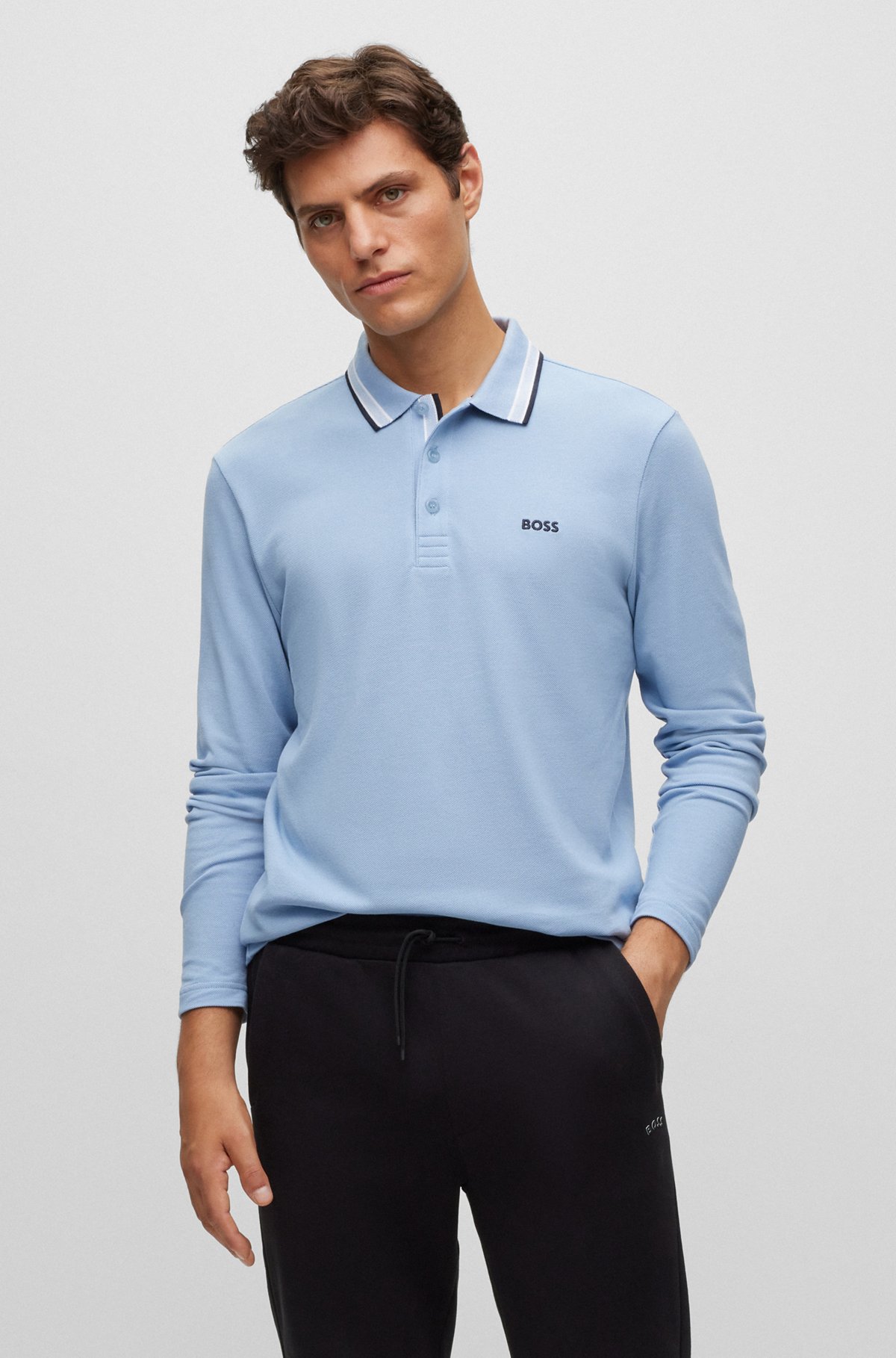 Long-sleeved cotton-piqué polo shirt with contrast logo, Light Blue