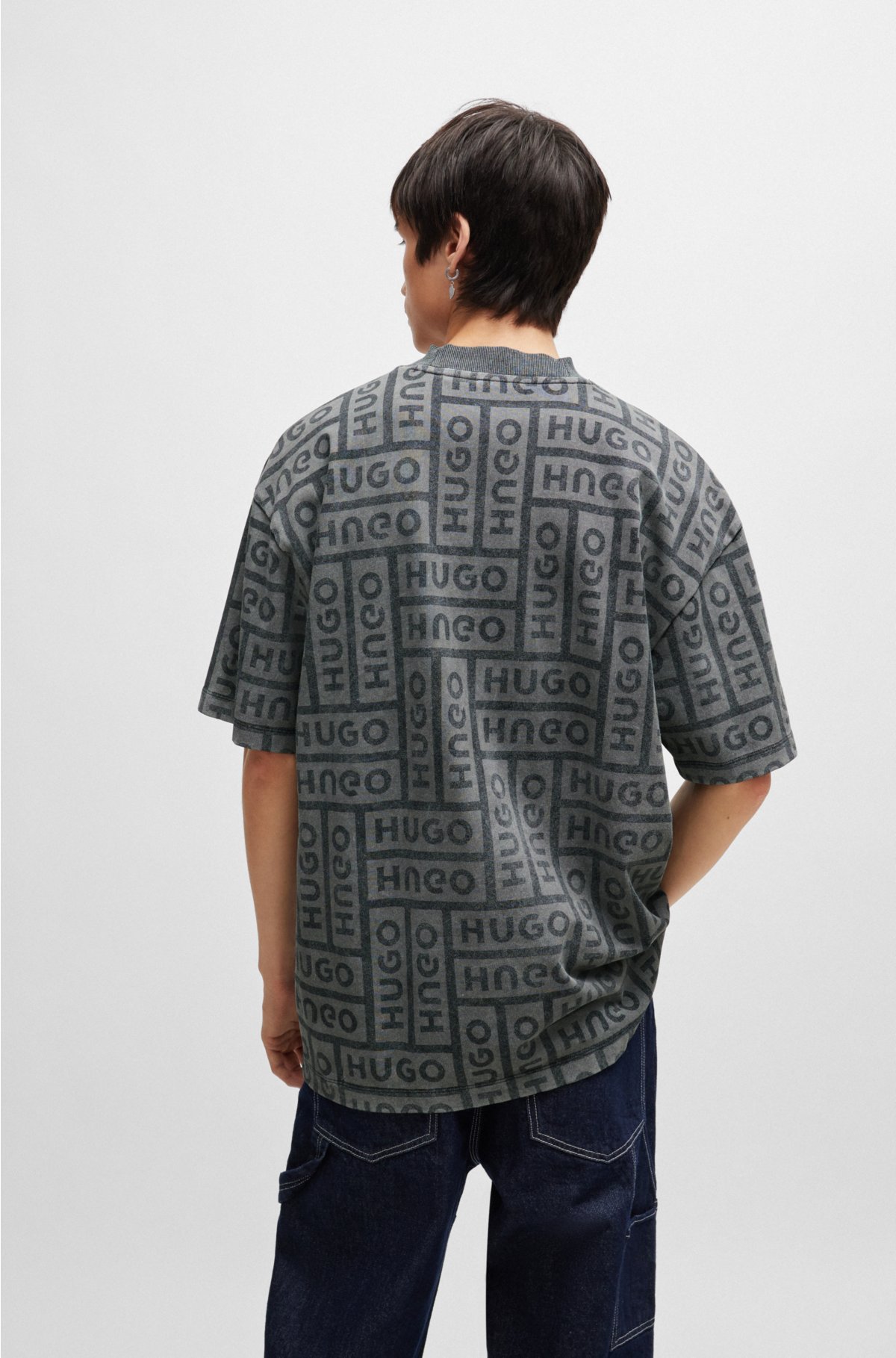 Cotton-jersey T-shirt with laser-print logos, Dark Grey