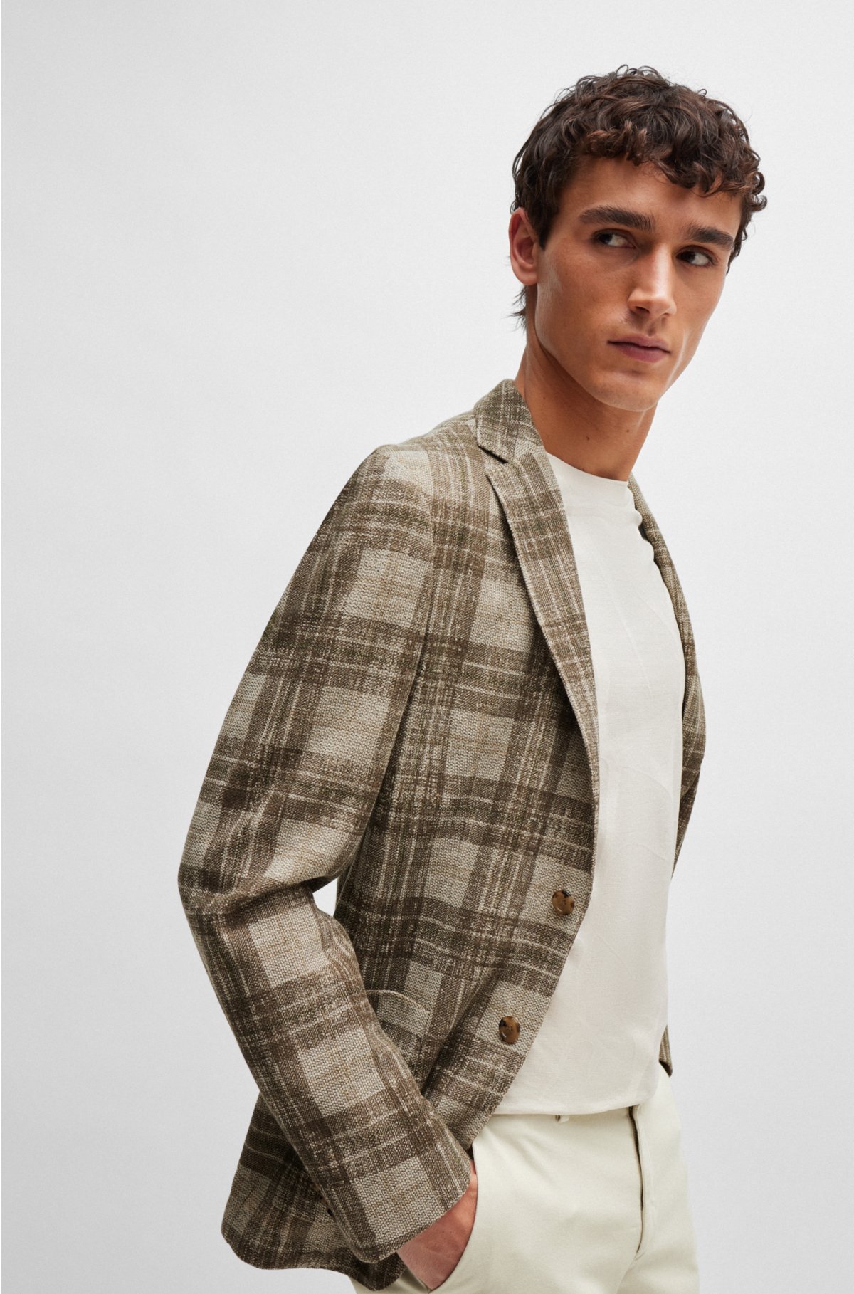 Slim-fit jacket in checked stretch jersey, Brown