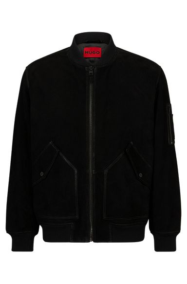 Goat-suede bomber jacket with knitted trims, Black