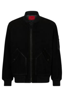 Hugo Goat-suede Bomber Jacket With Knitted Trims In Black